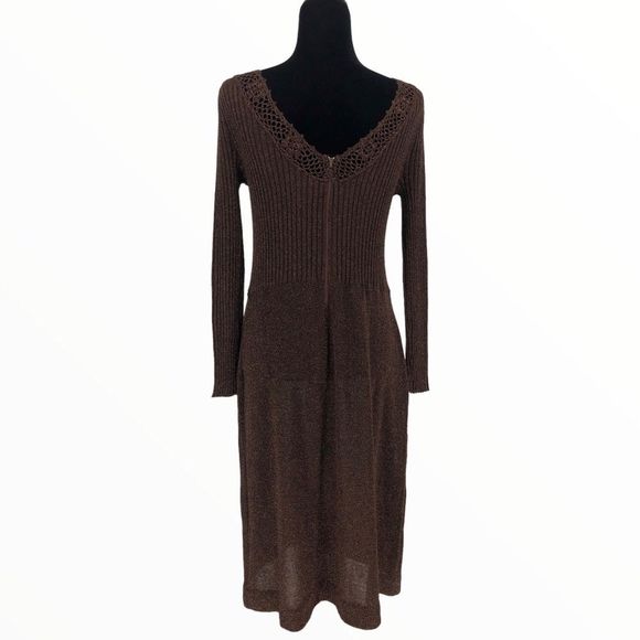 70’s Vintage Wenjilli Brown Metallic Knit Long Sleeve Maxi Dress - Picture 10 of 12